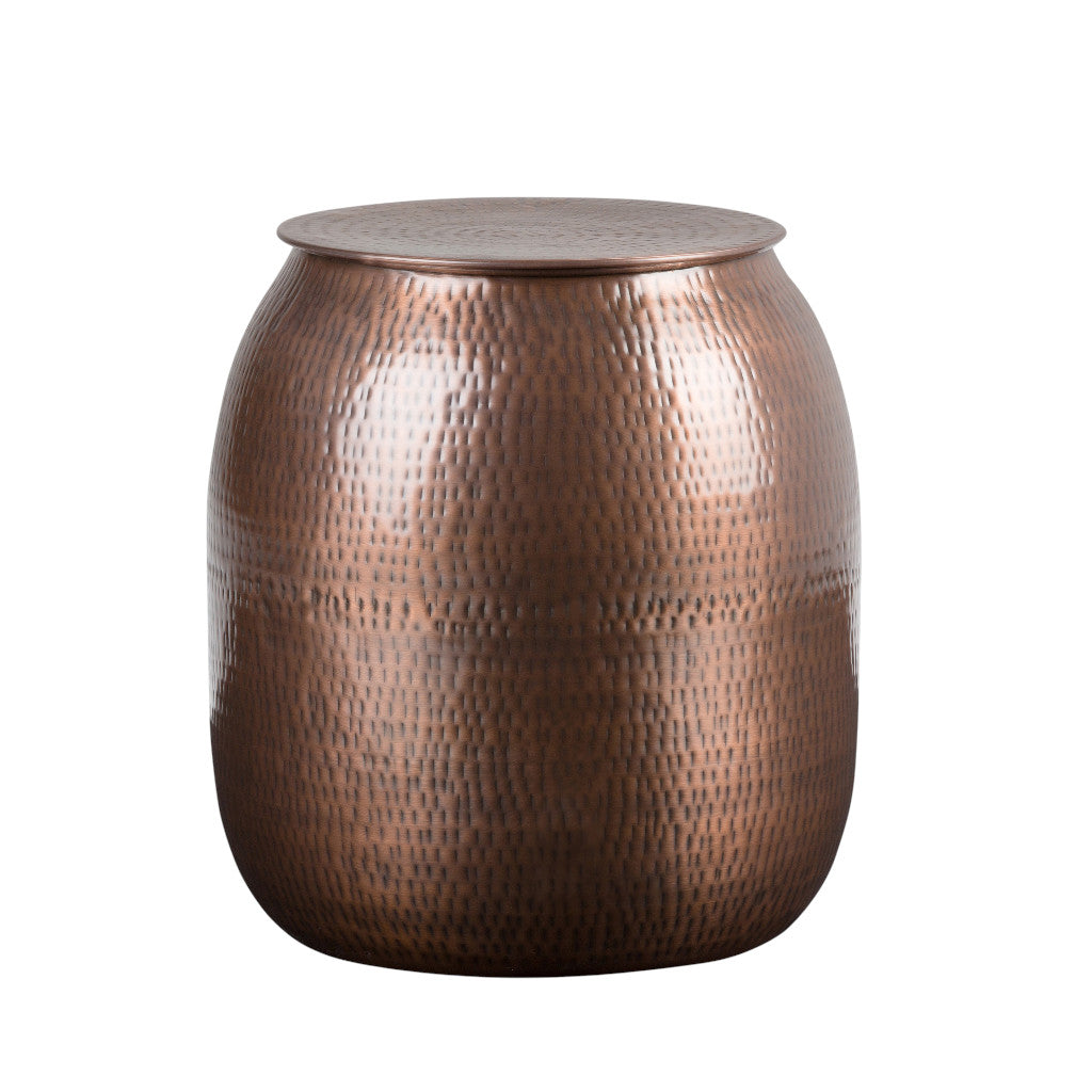 21" Hammered Copper Distressed Iron Round Drum End Table