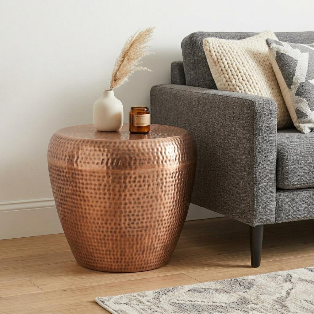 18" Hammered Copper Distressed Iron Round Drum End Table