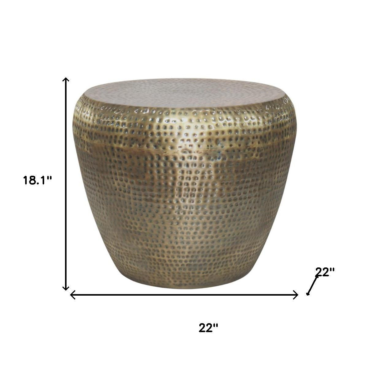 18" Hammered Antiqued Gold Distressed Iron Round Drum End Table
