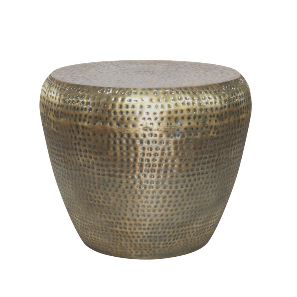 18" Hammered Antiqued Gold Distressed Iron Round Drum End Table