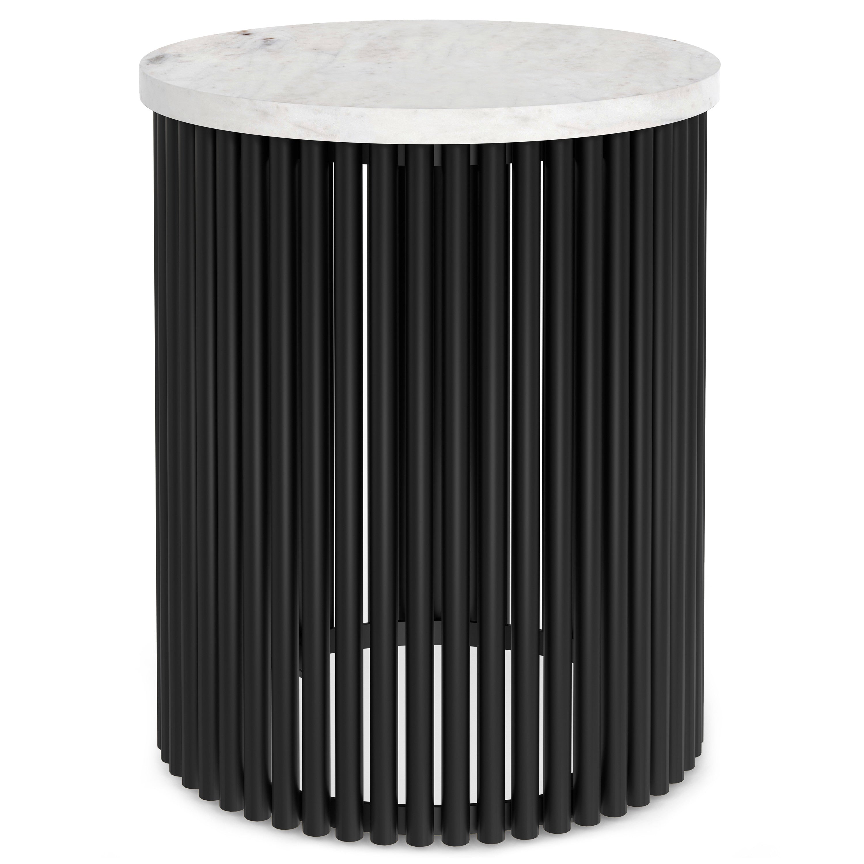 21" Matte White and Black Marble and Iron Round Drum End Table