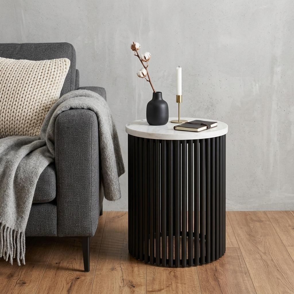 21" Matte White and Black Marble and Iron Round Drum End Table