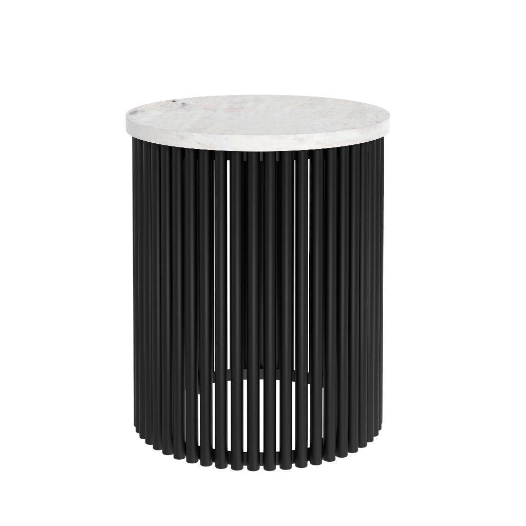 21" Matte White and Black Marble and Iron Round Drum End Table