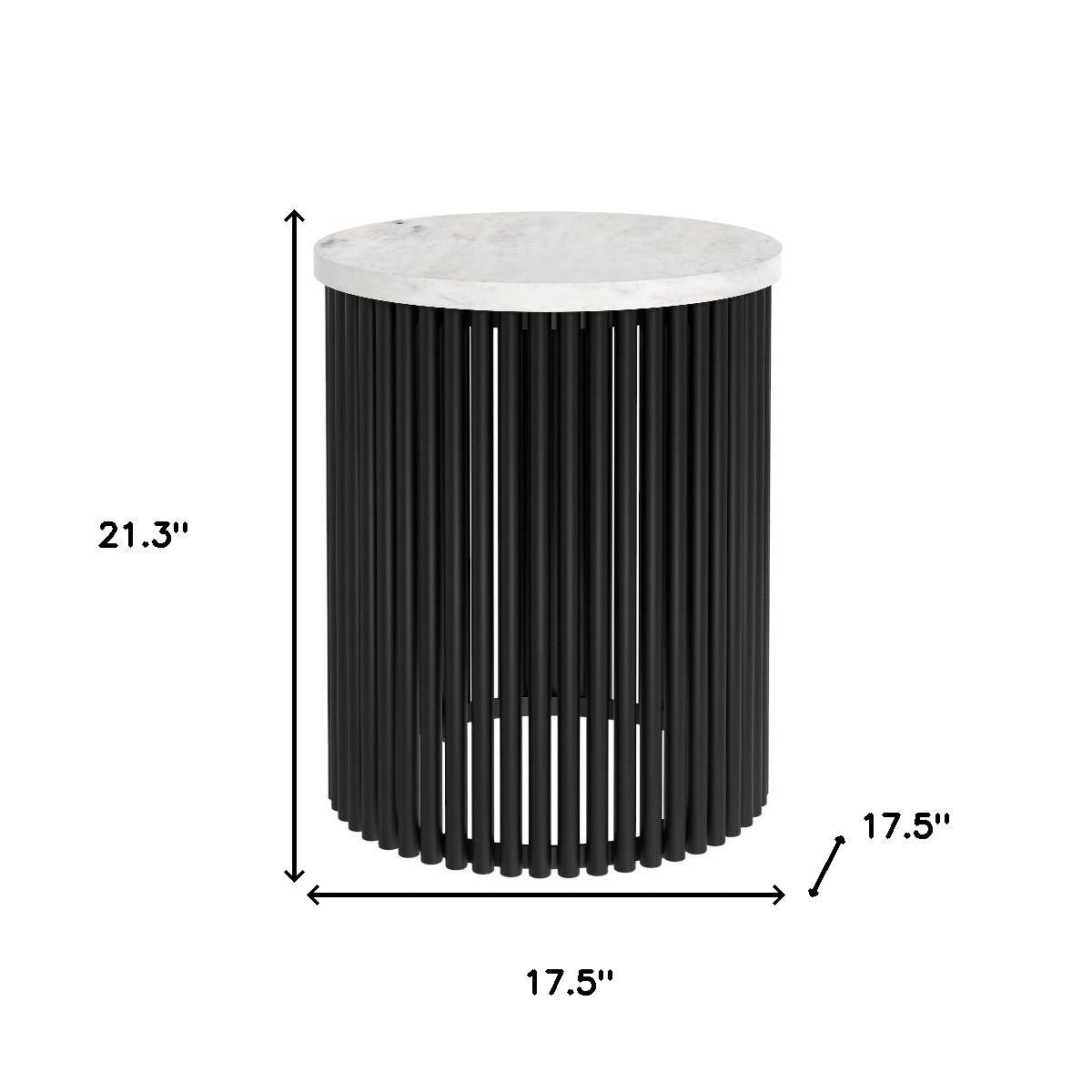 21" Matte White and Black Marble and Iron Round Drum End Table