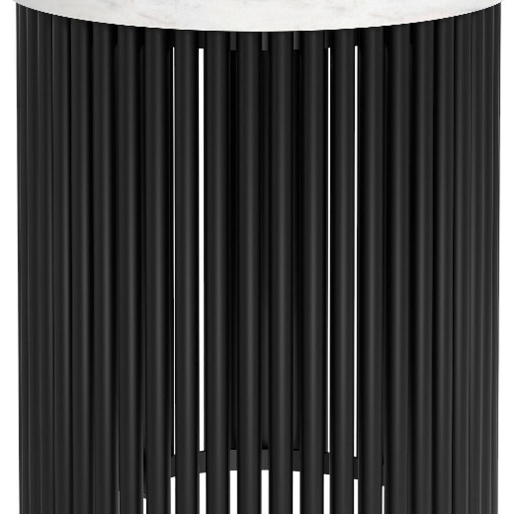 21" Matte White and Black Marble and Iron Round Drum End Table