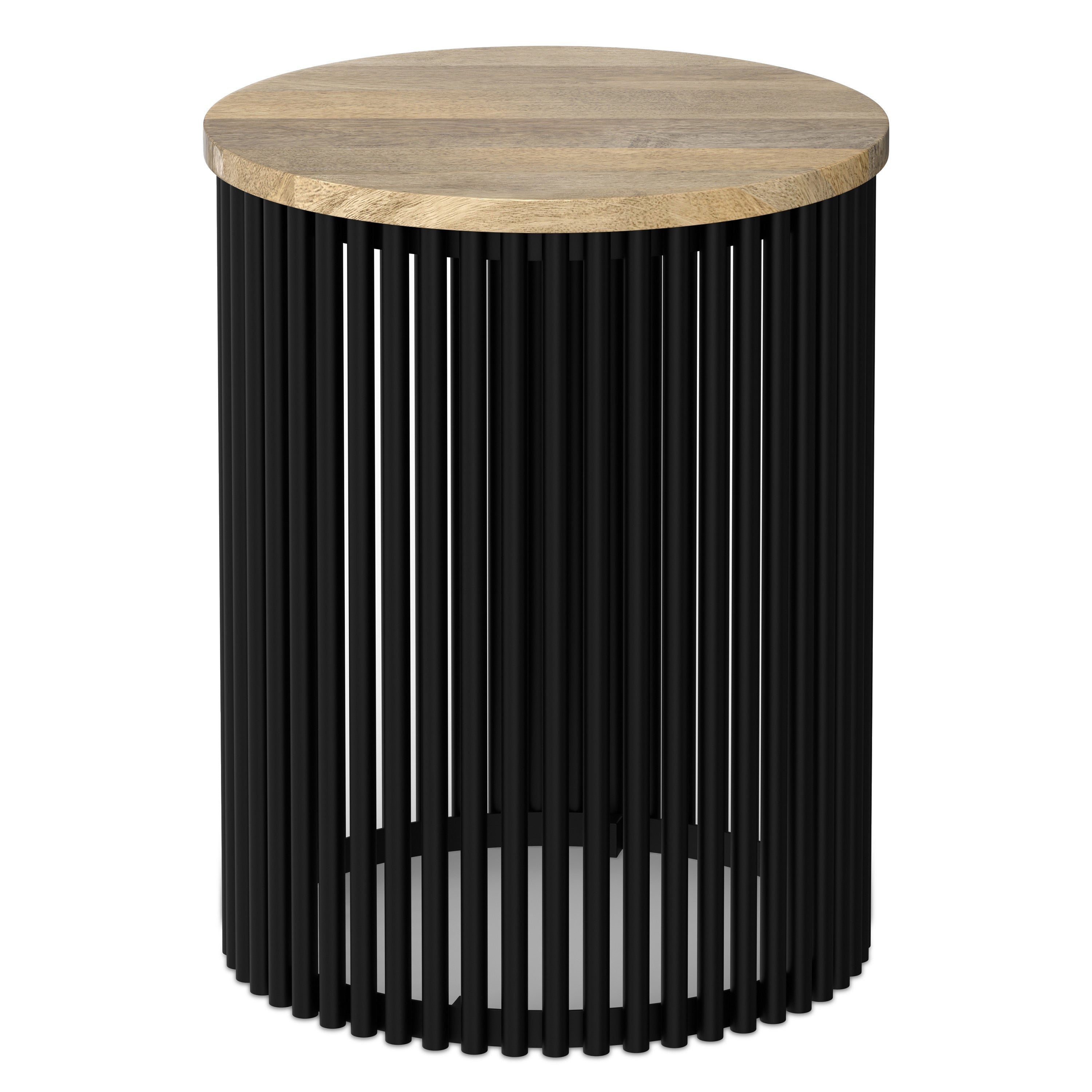 25" Matte Natural and Black Solid Wood and Iron Round Drum End Table