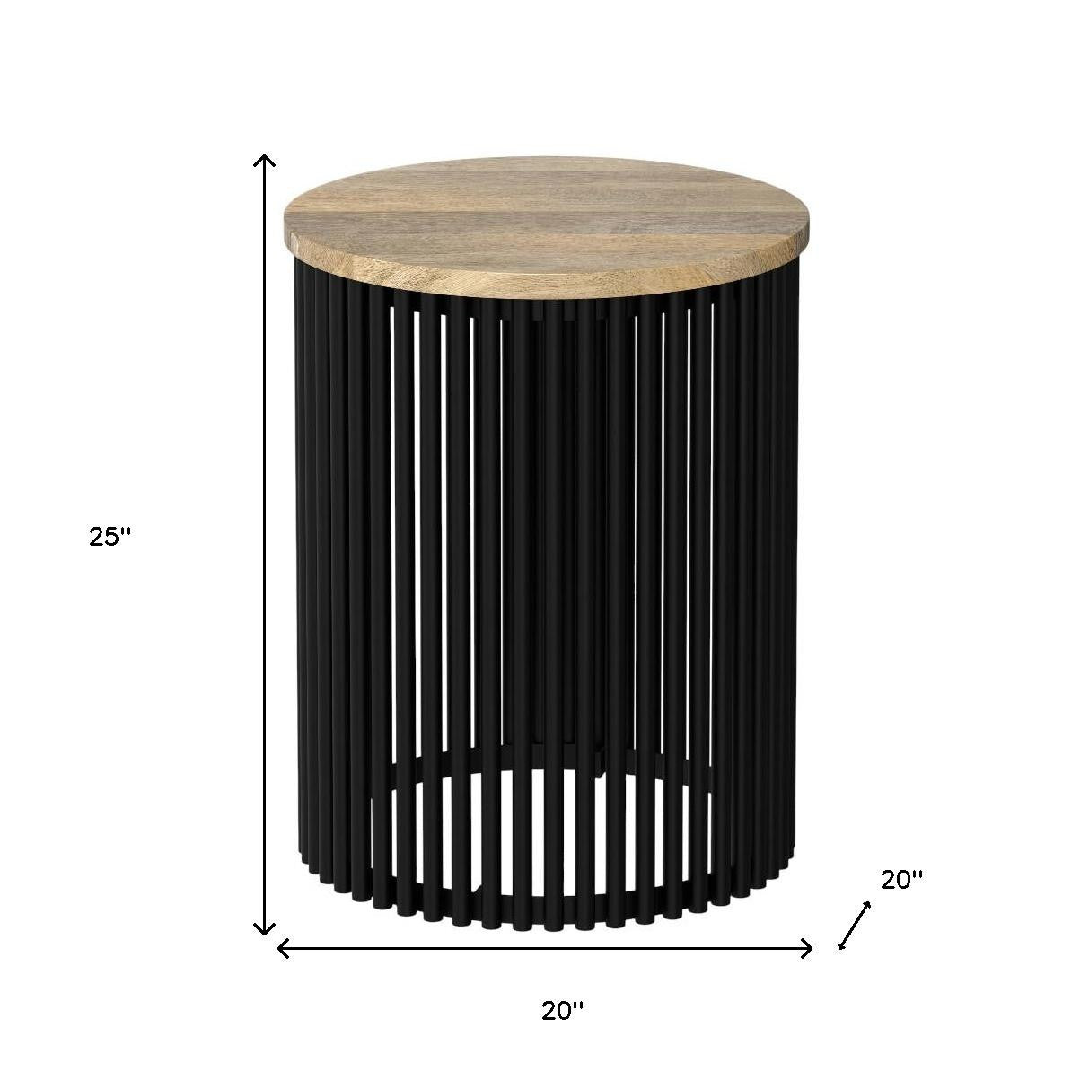 25" Matte Natural and Black Solid Wood and Iron Round Drum End Table