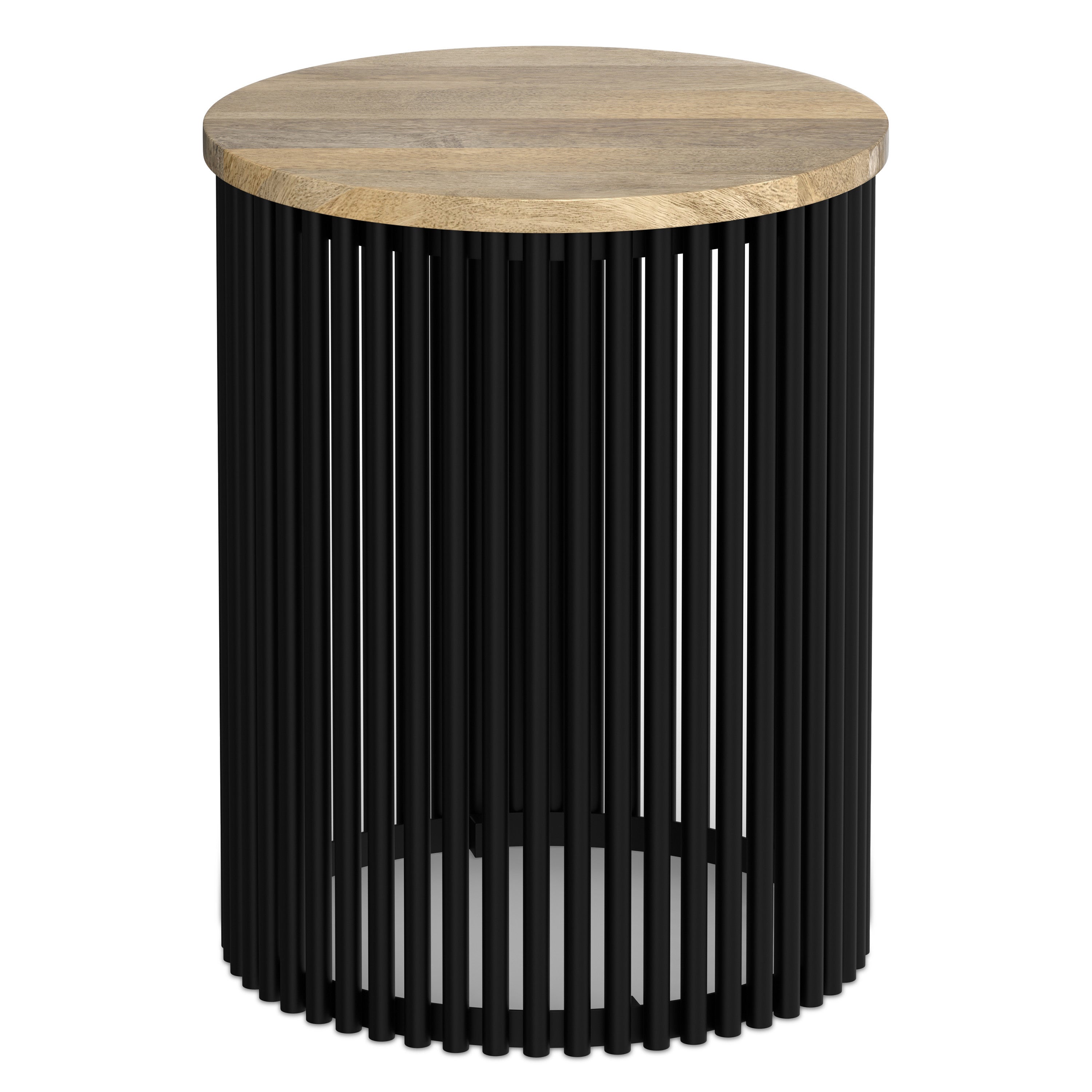 25" Matte Natural and Black Solid Wood and Iron Round Drum End Table