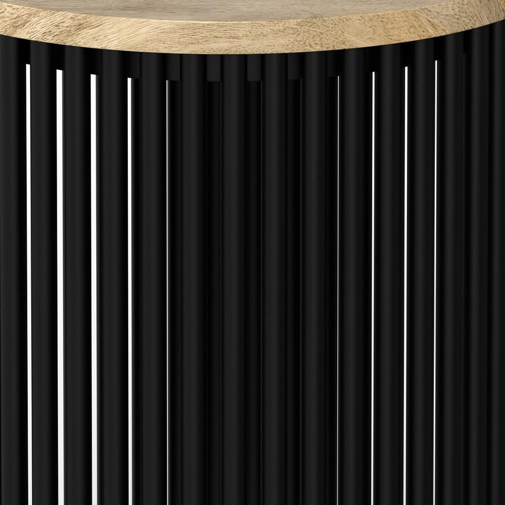 25" Matte Natural and Black Solid Wood and Iron Round Drum End Table