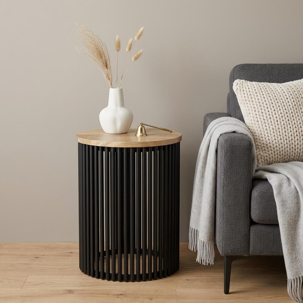 25" Matte Natural and Black Solid Wood and Iron Round Drum End Table