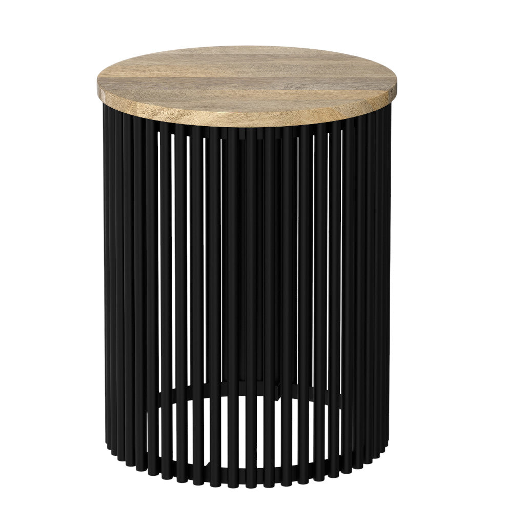 25" Matte Natural and Black Solid Wood and Iron Round Drum End Table