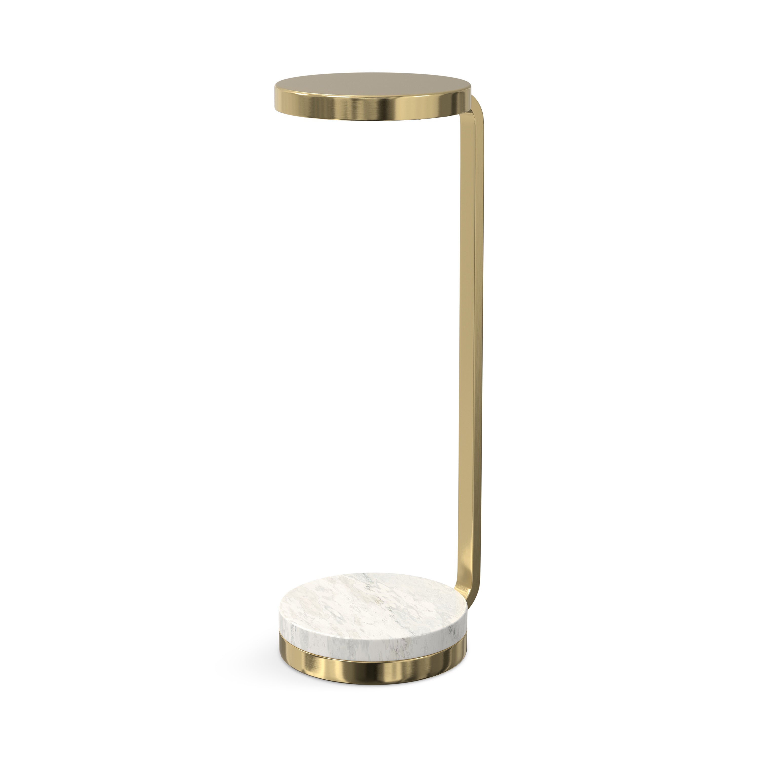 26" Plated Gold and White Iron and Marble Round End Table With Shelf