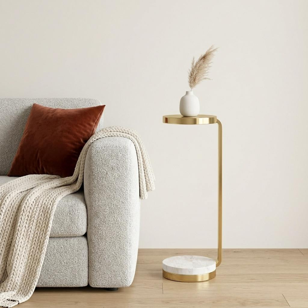 26" Plated Gold and White Iron and Marble Round End Table With Shelf