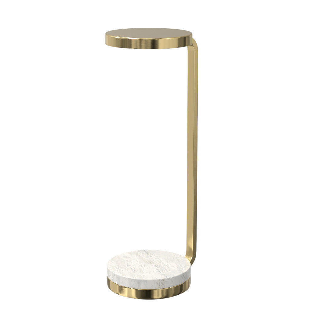 26" Plated Gold and White Iron and Marble Round End Table With Shelf