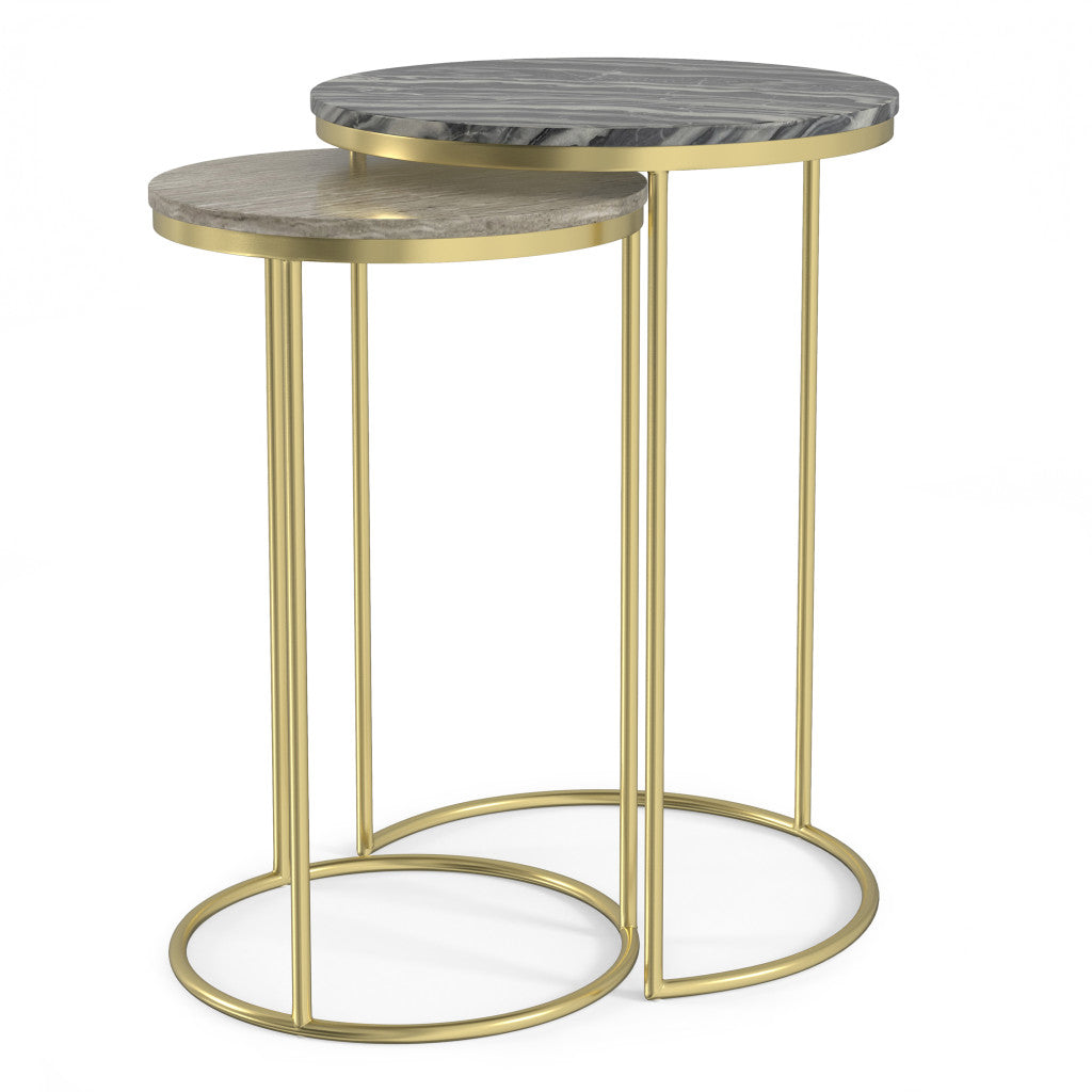 Set of Two Glossy Gray Stone and Gold Marble and Iron Round Nested Tables