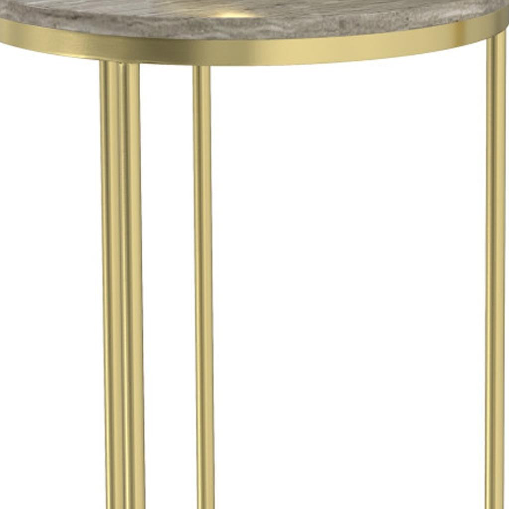 Set of Two Glossy Gray Stone and Gold Marble and Iron Round Nested Tables