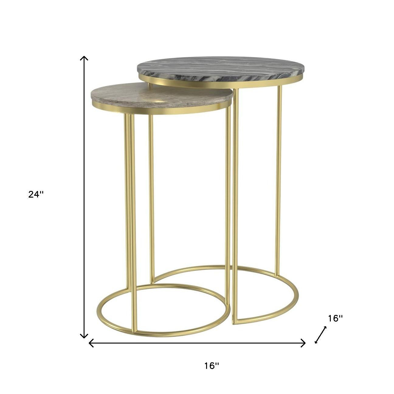 Set of Two Glossy Gray Stone and Gold Marble and Iron Round Nested Tables