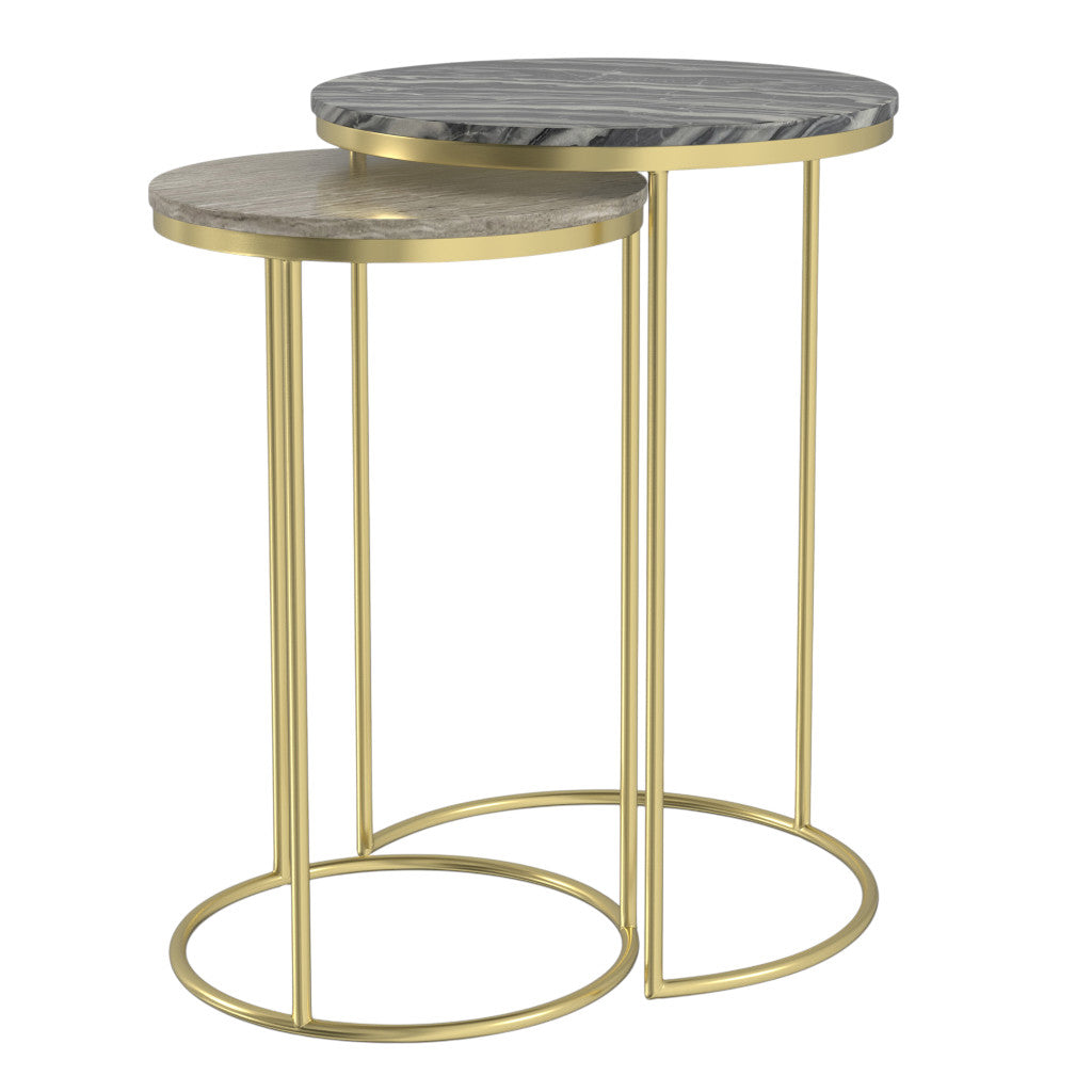 Set of Two Glossy Gray Stone and Gold Marble and Iron Round Nested Tables