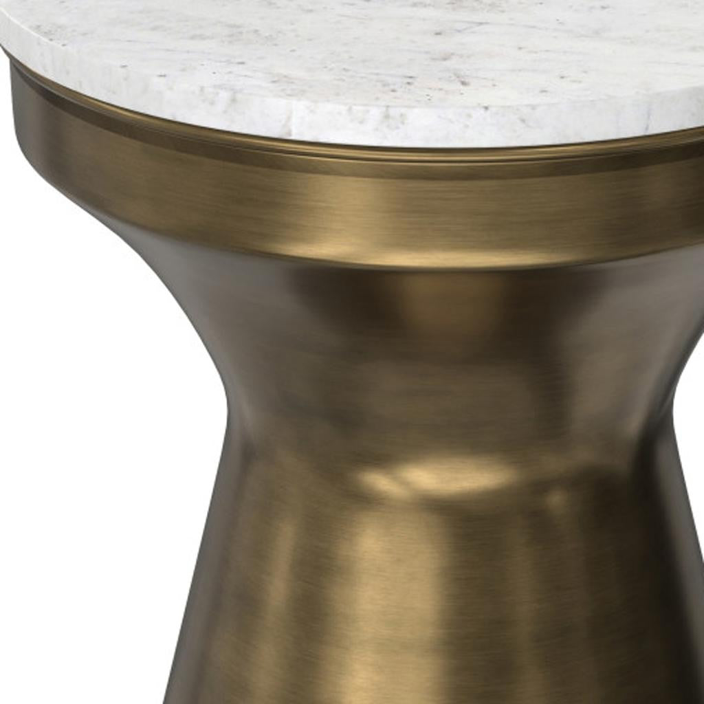 18" Glossy White and Antiqued Brass Marble and Iron Round Hourglass End Table