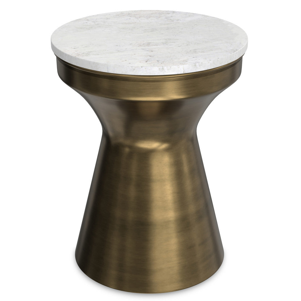 18" Glossy White and Antiqued Brass Marble and Iron Round Hourglass End Table