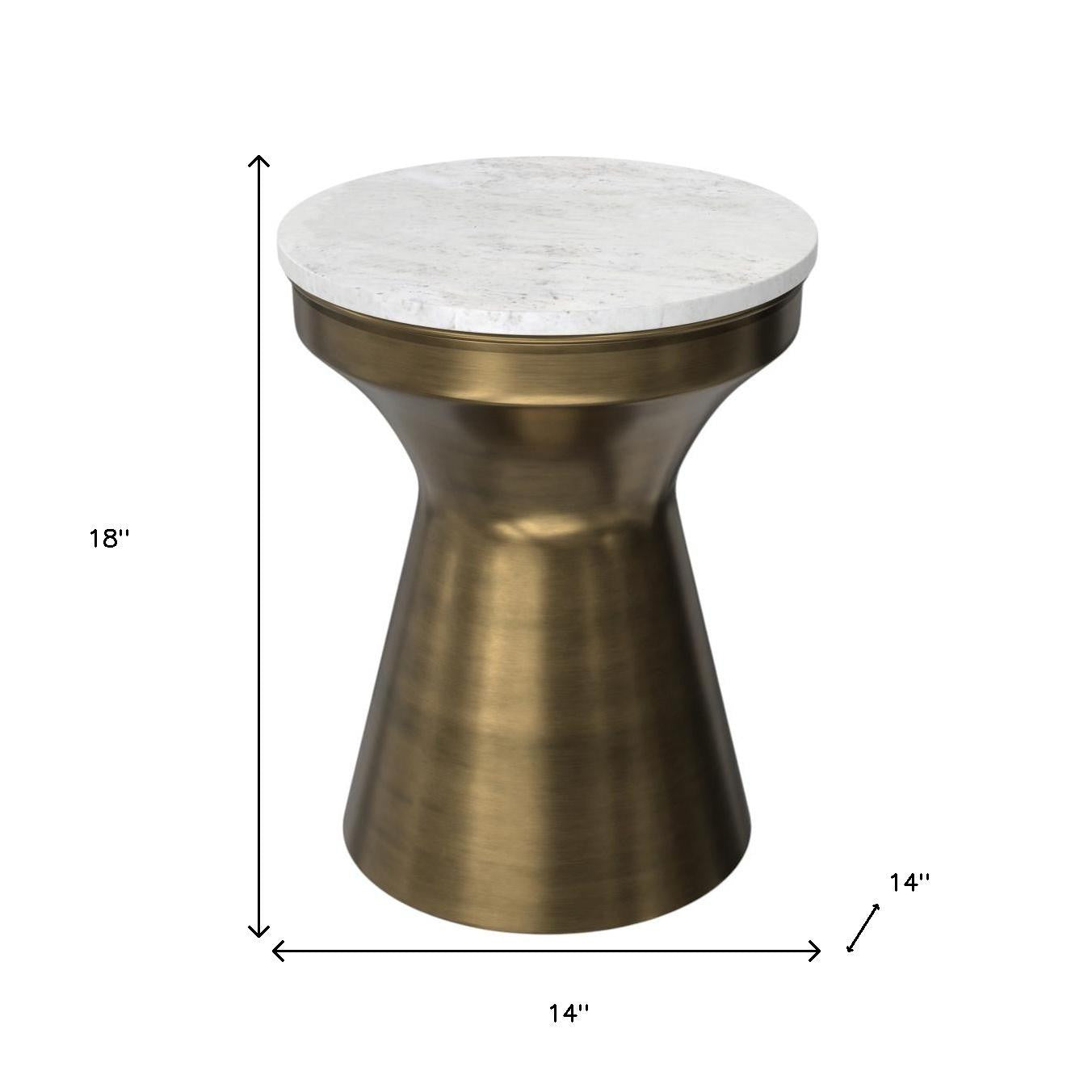18" Glossy White and Antiqued Brass Marble and Iron Round Hourglass End Table