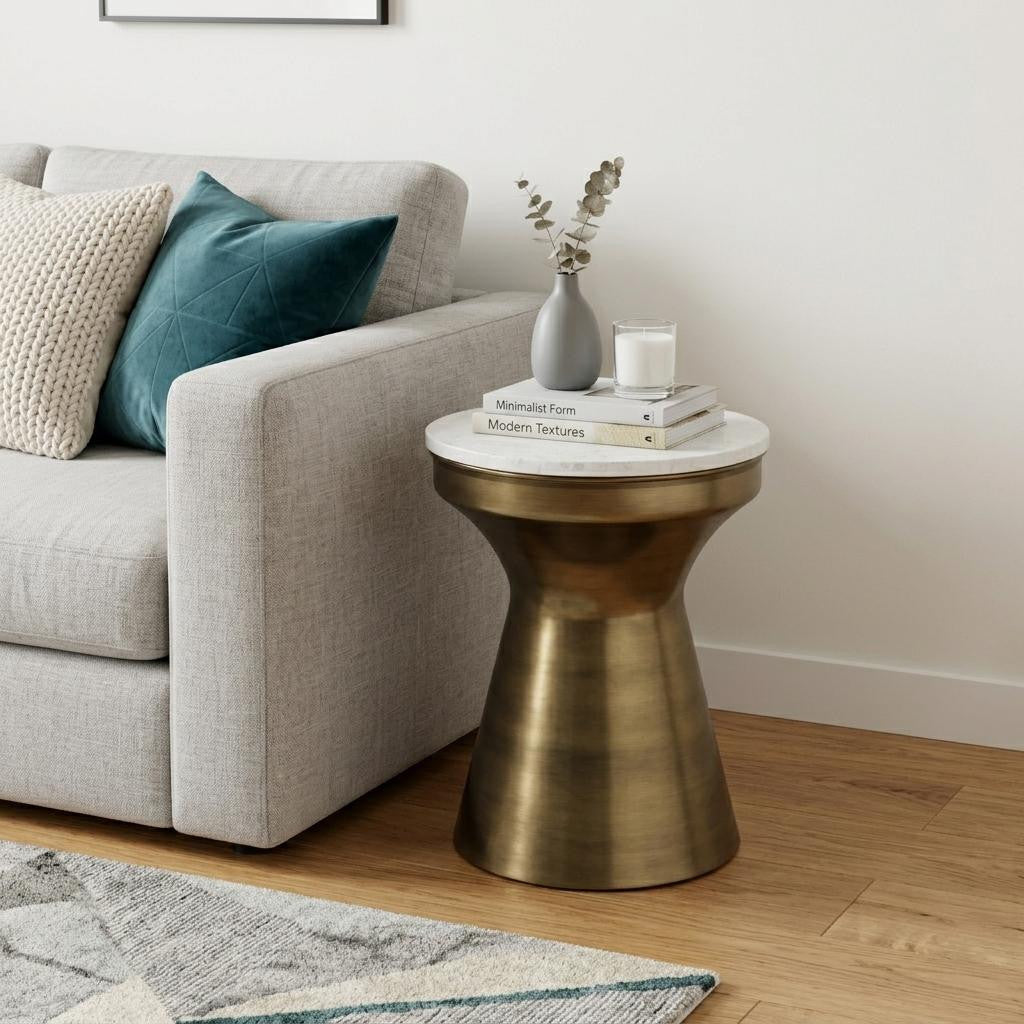 18" Glossy White and Antiqued Brass Marble and Iron Round Hourglass End Table