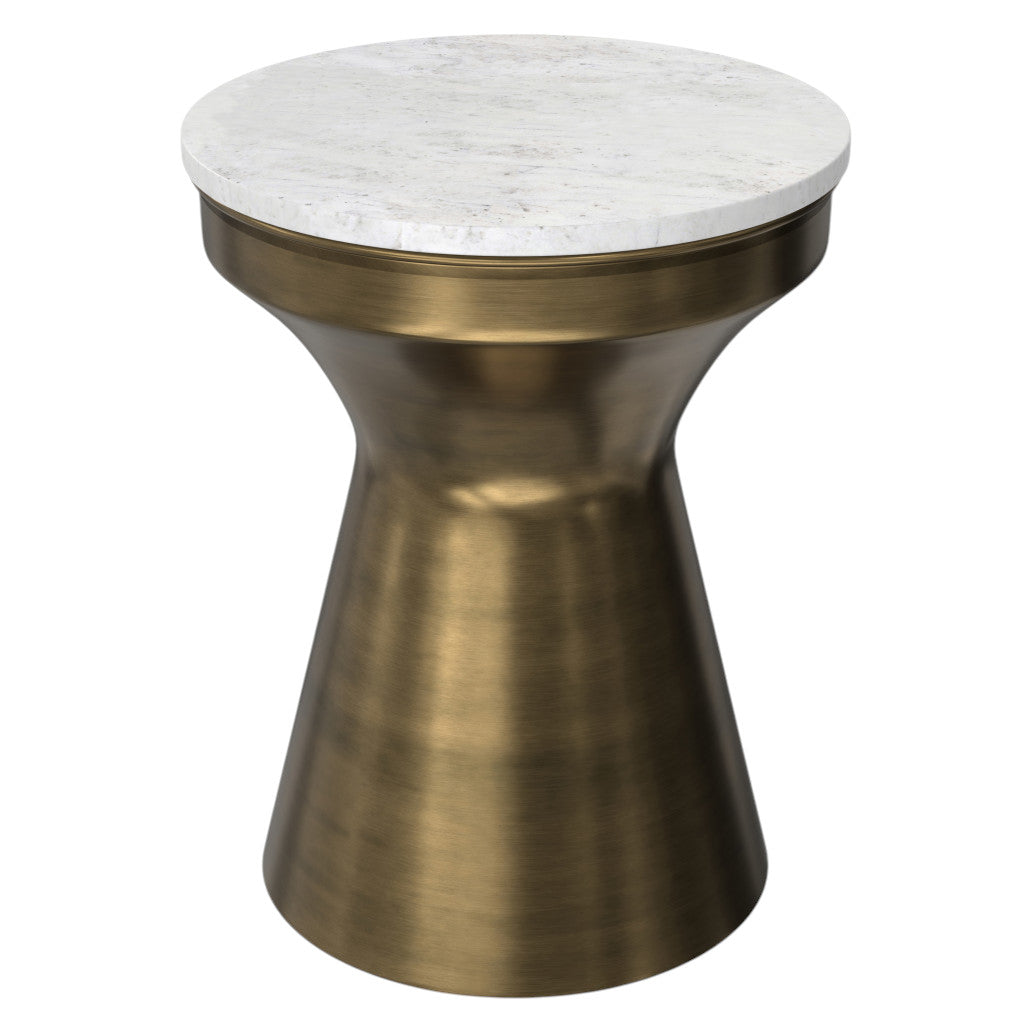 18" Glossy White and Antiqued Brass Marble and Iron Round Hourglass End Table