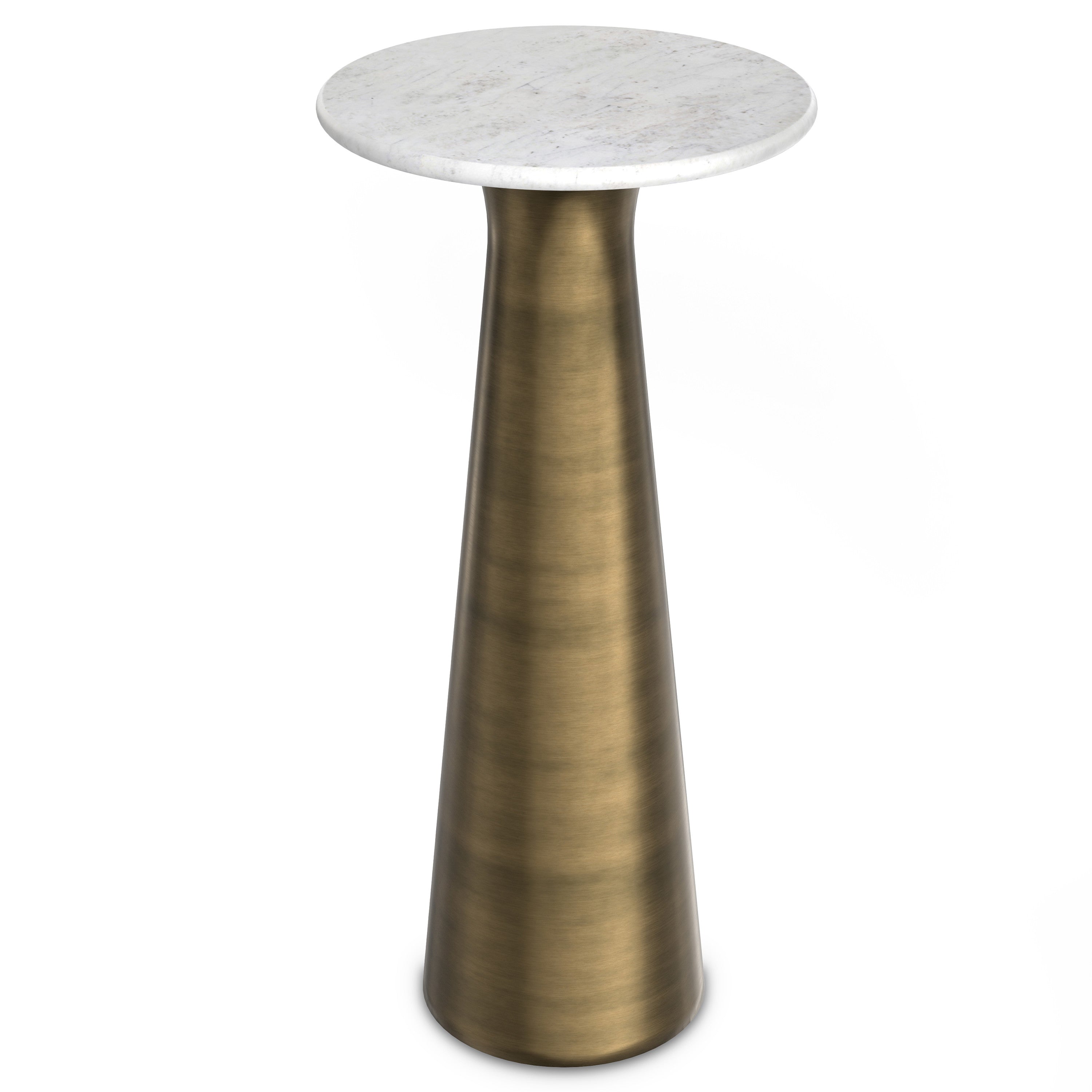 26" Antique Gray White and Antiqued Brass Distressed Marble and Iron Round Pedestal End Table And Trunk Storage