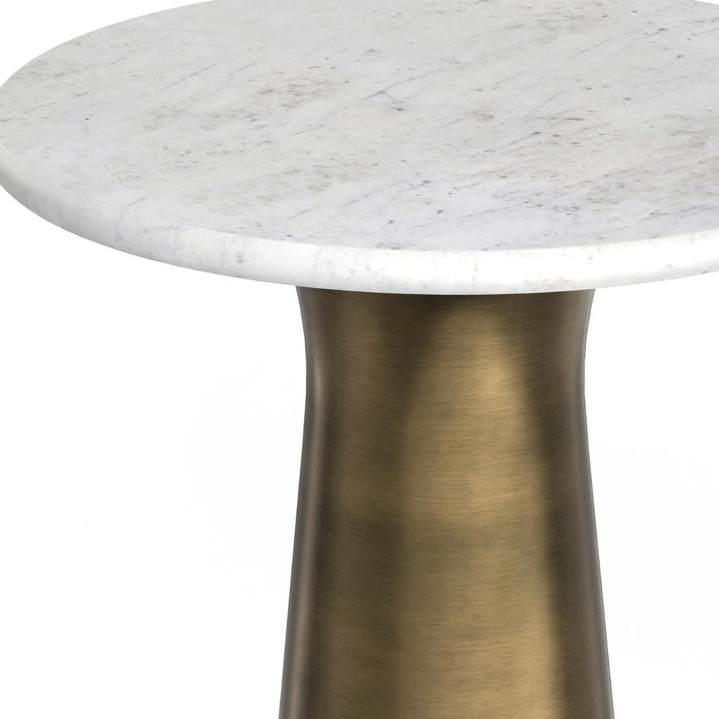 26" Antique Gray White and Antiqued Brass Distressed Marble and Iron Round Pedestal End Table And Trunk Storage