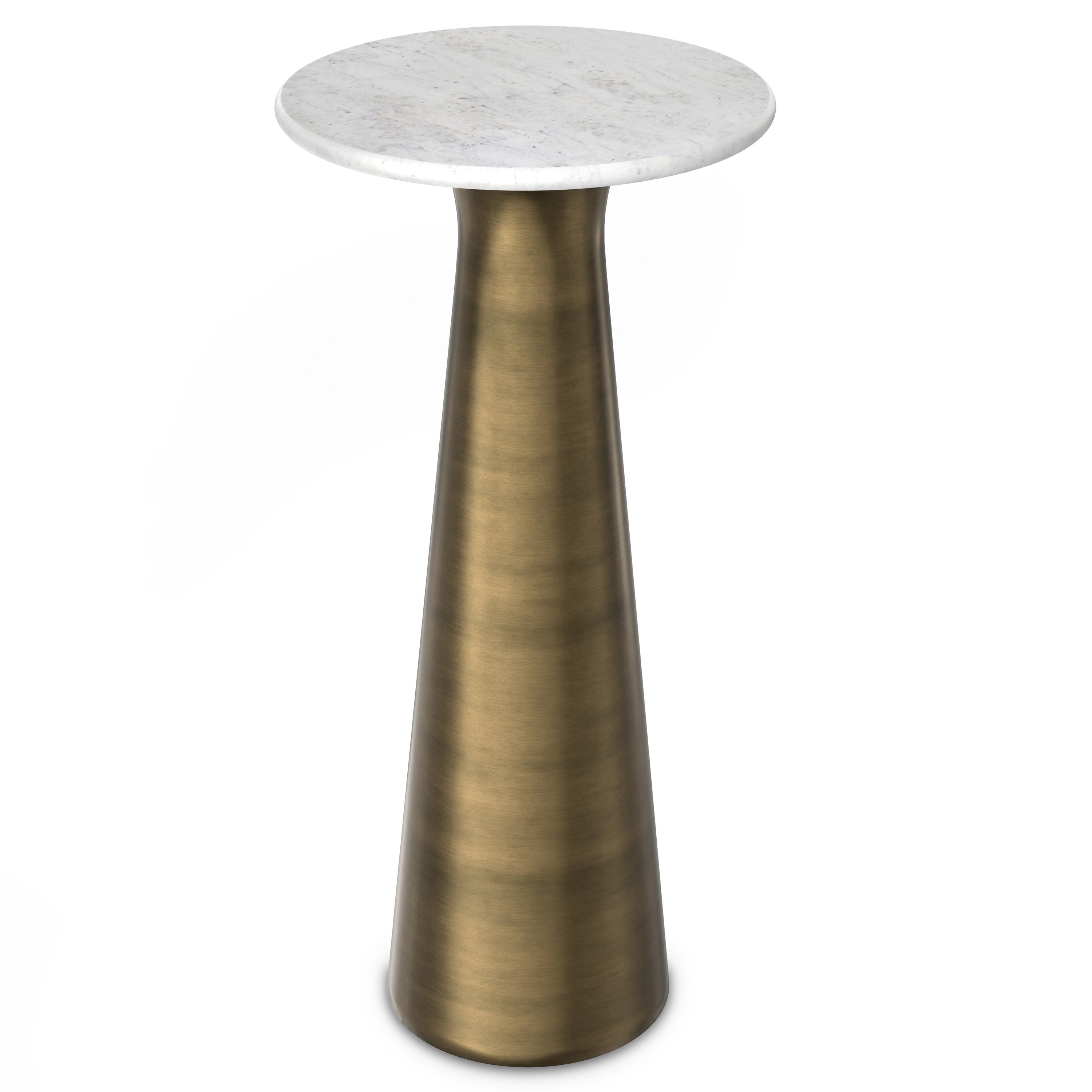 26" Antique Gray White and Antiqued Brass Distressed Marble and Iron Round Pedestal End Table And Trunk Storage