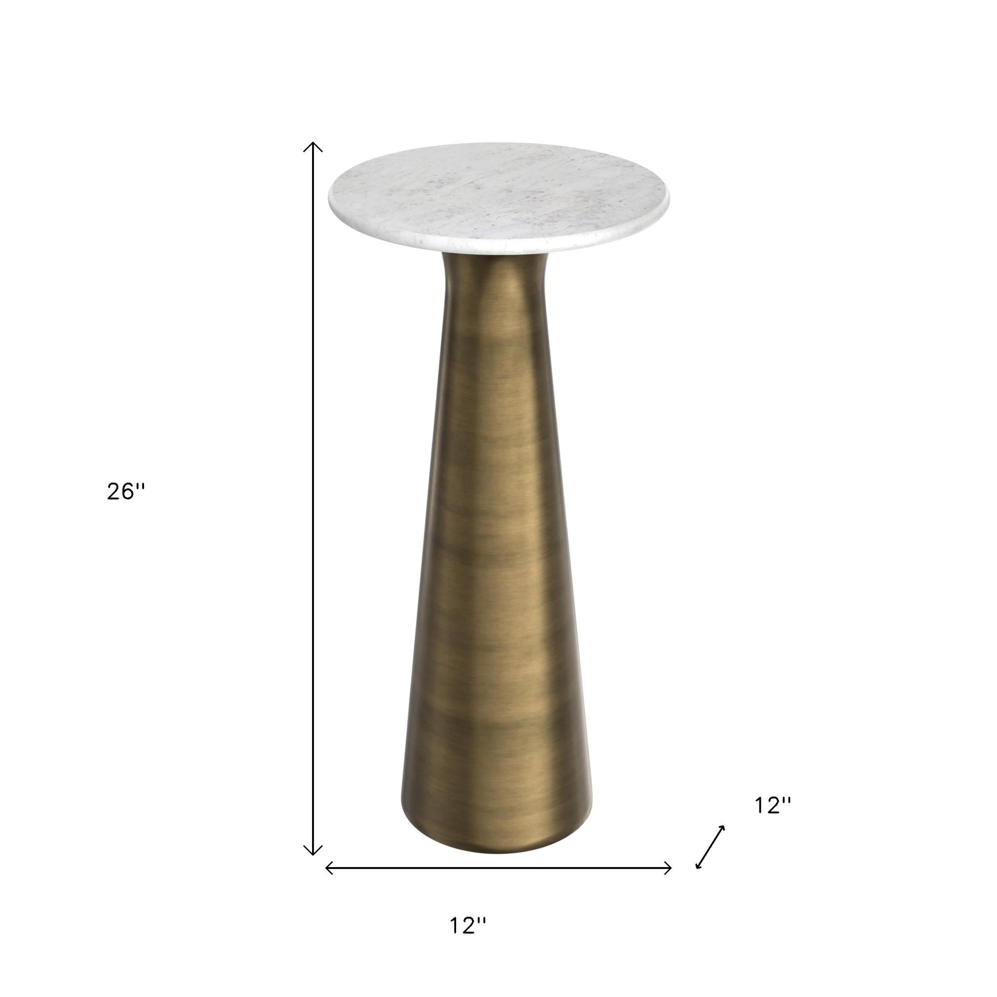 26" Antique Gray White and Antiqued Brass Distressed Marble and Iron Round Pedestal End Table And Trunk Storage