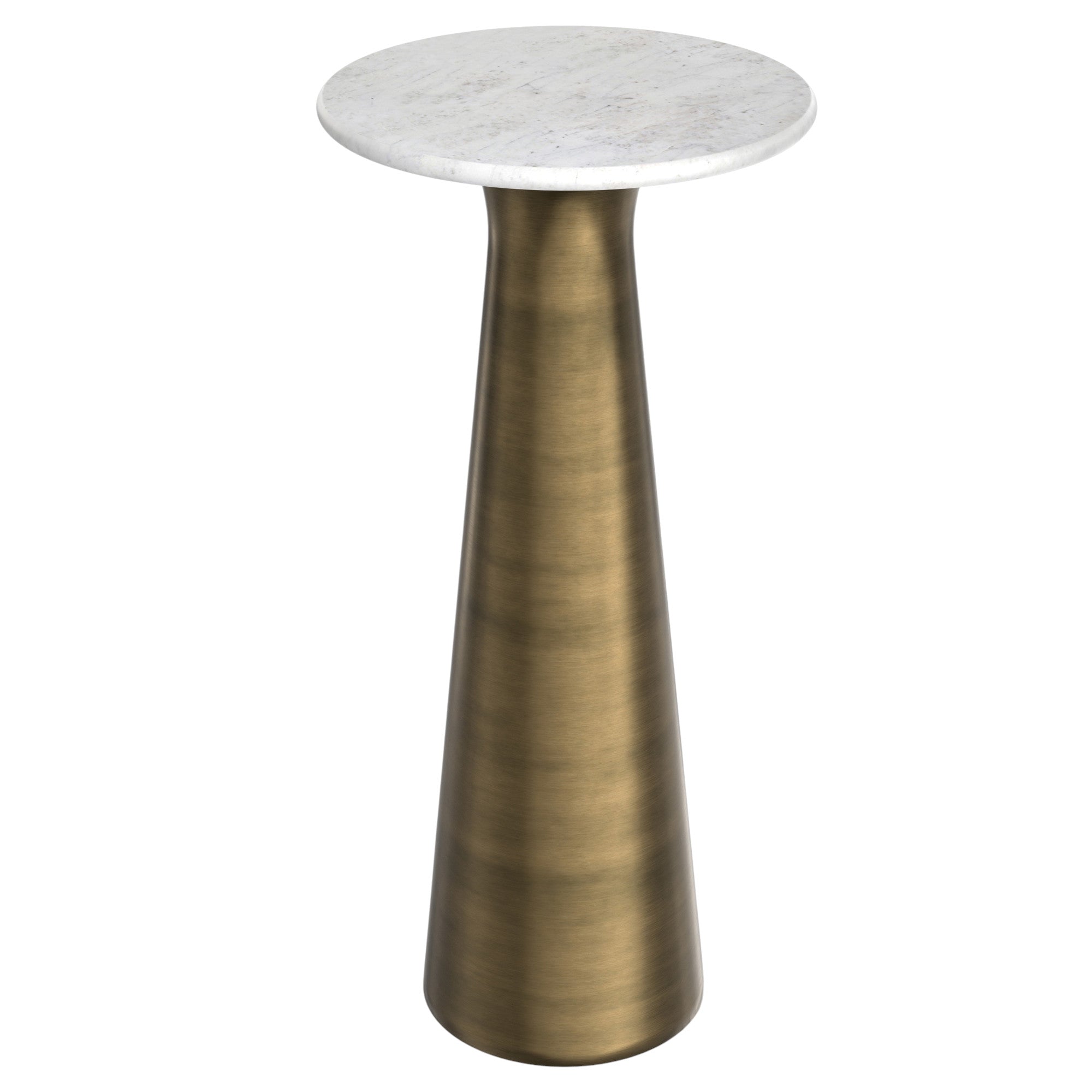 26" Antique Gray White and Antiqued Brass Distressed Marble and Iron Round Pedestal End Table And Trunk Storage