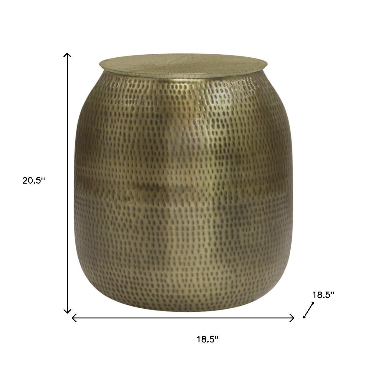 21" Antique Antiqued Gold Iron Round Drum End Table