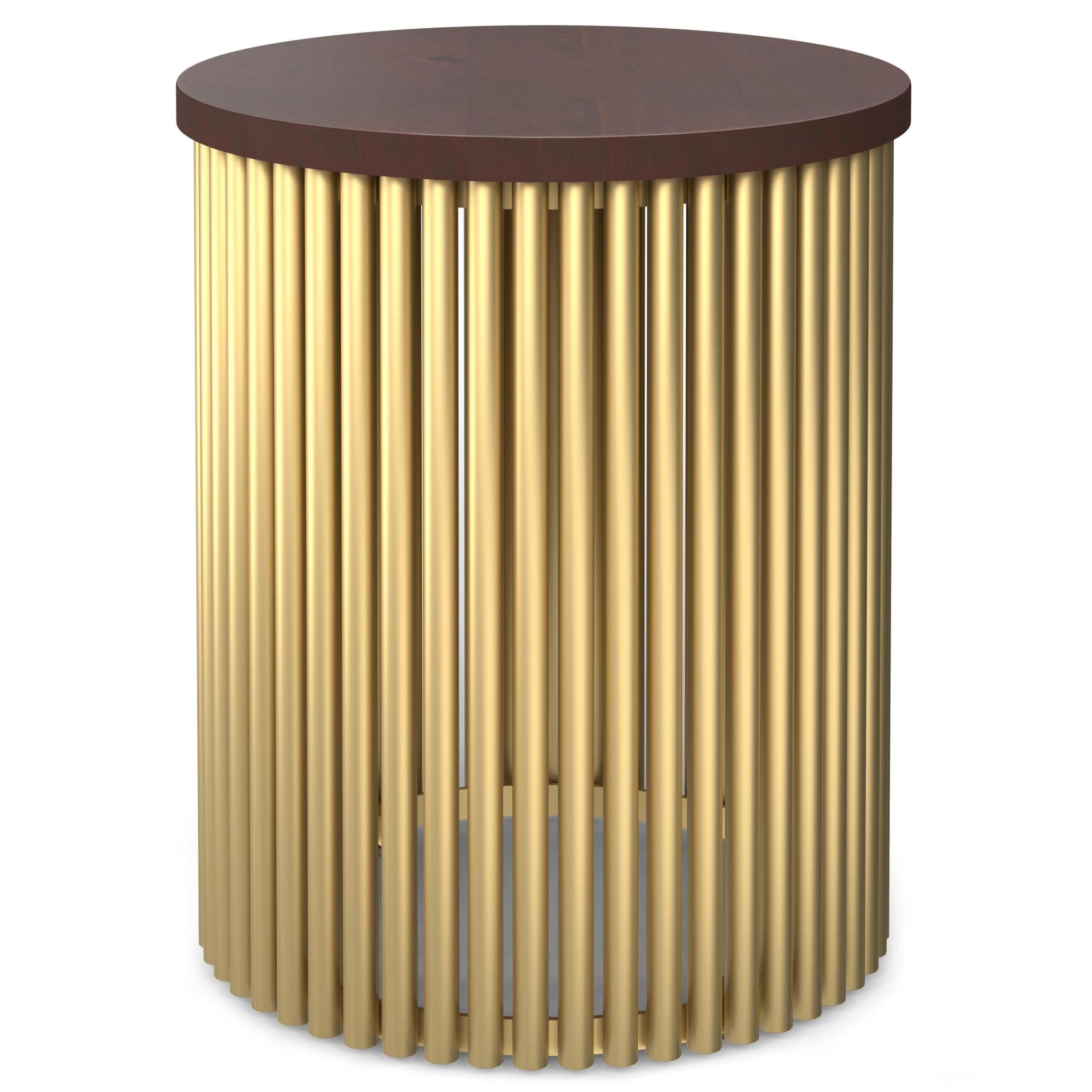 21" Glossy Dark Brown and Gold Solid Wood and Iron Round Drum End Table