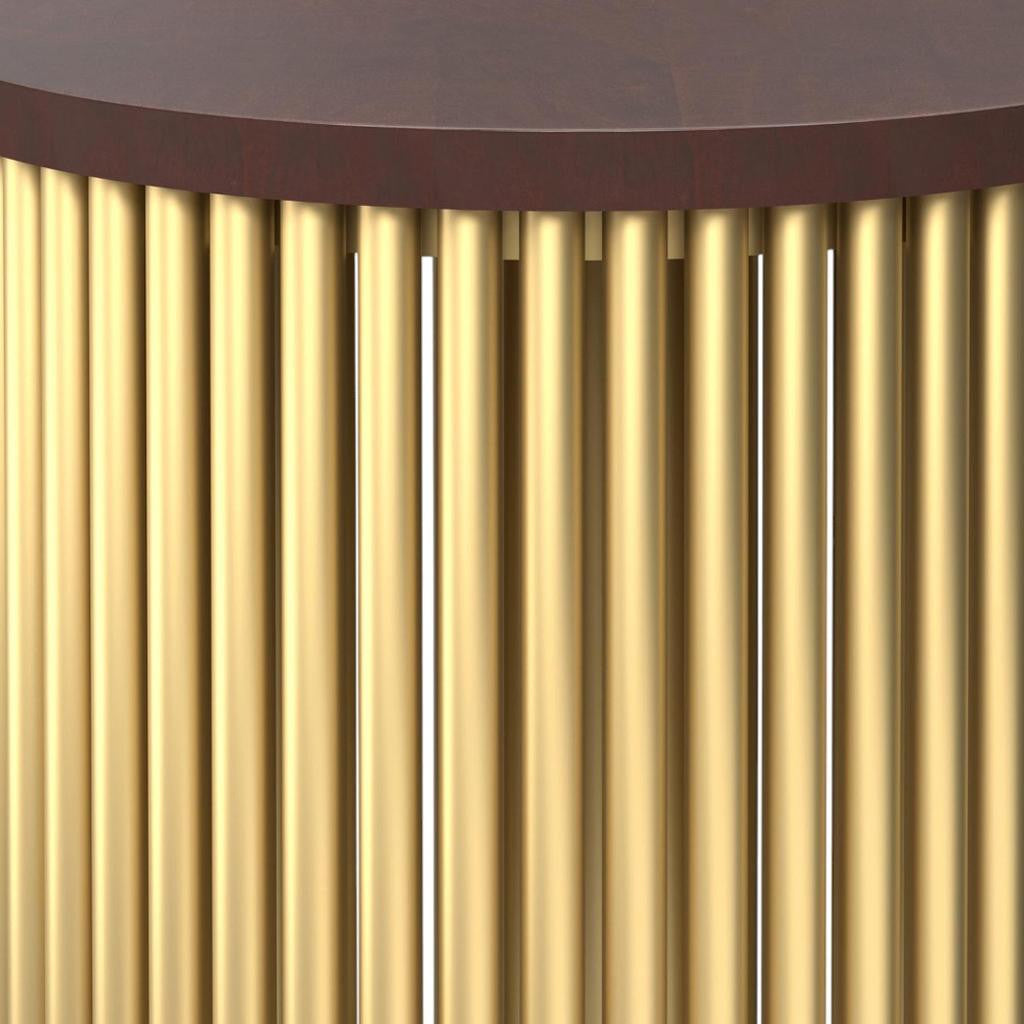 21" Glossy Dark Brown and Gold Solid Wood and Iron Round Drum End Table