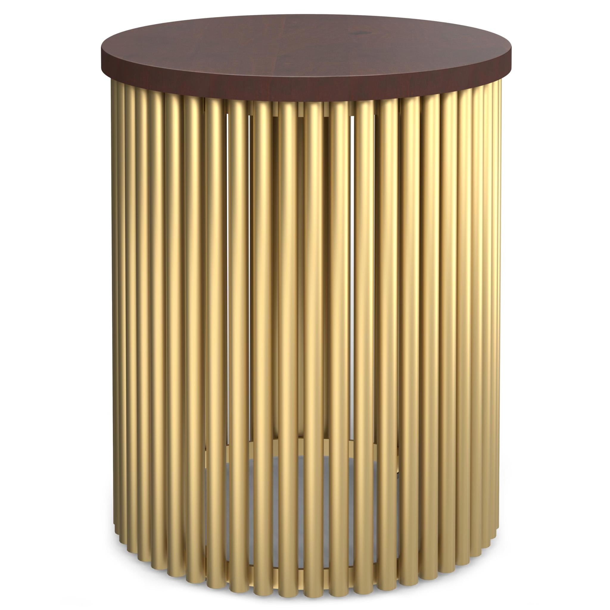 21" Glossy Dark Brown and Gold Solid Wood and Iron Round Drum End Table