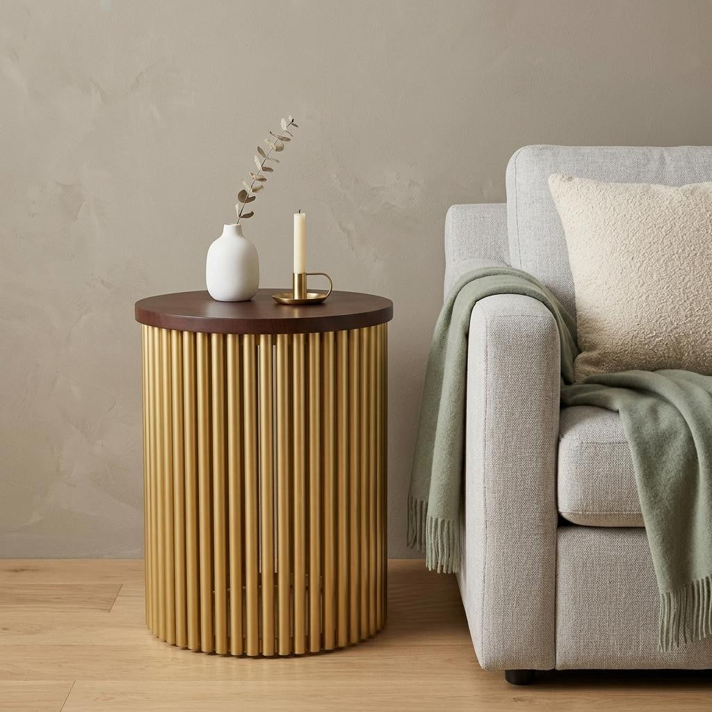21" Glossy Dark Brown and Gold Solid Wood and Iron Round Drum End Table