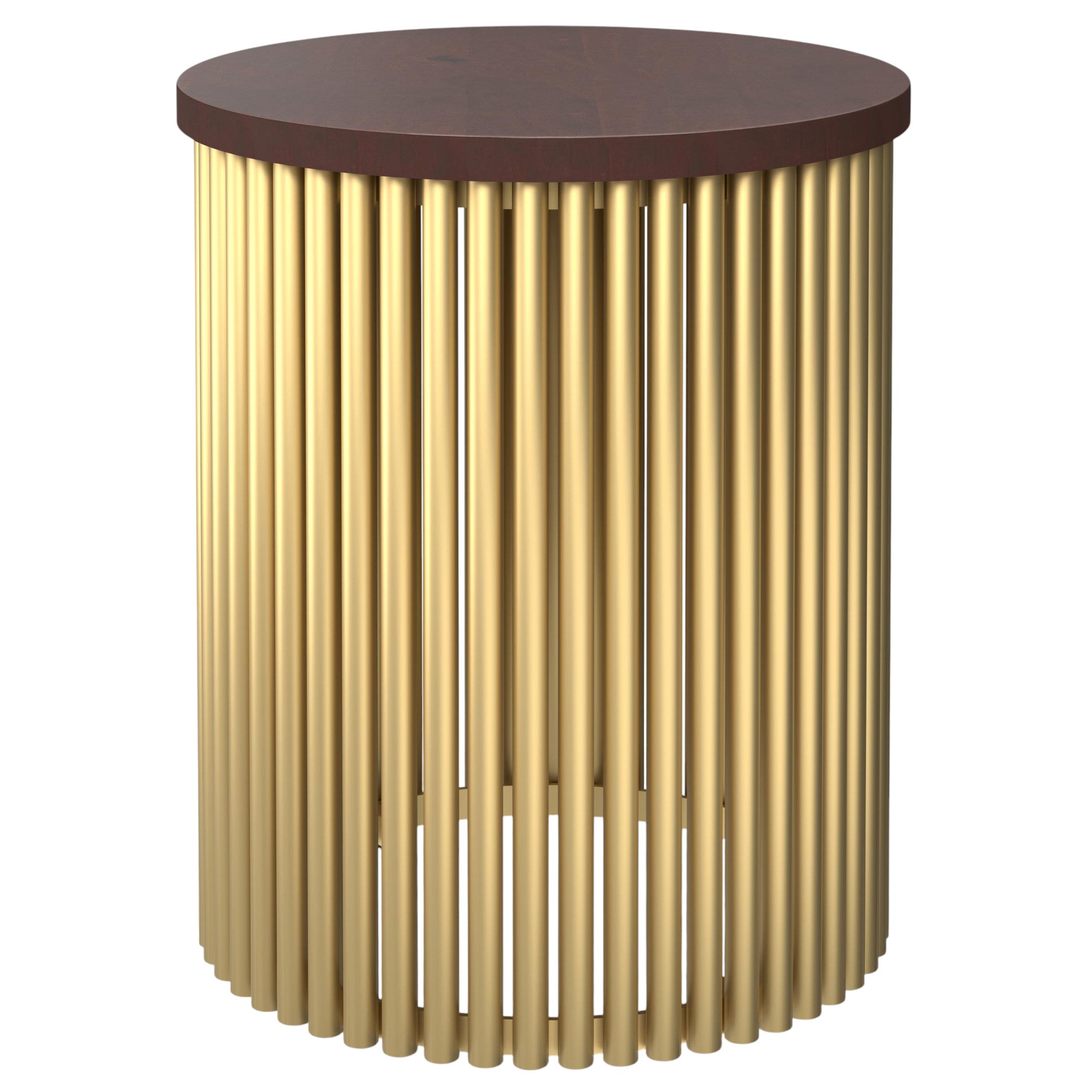 21" Glossy Dark Brown and Gold Solid Wood and Iron Round Drum End Table