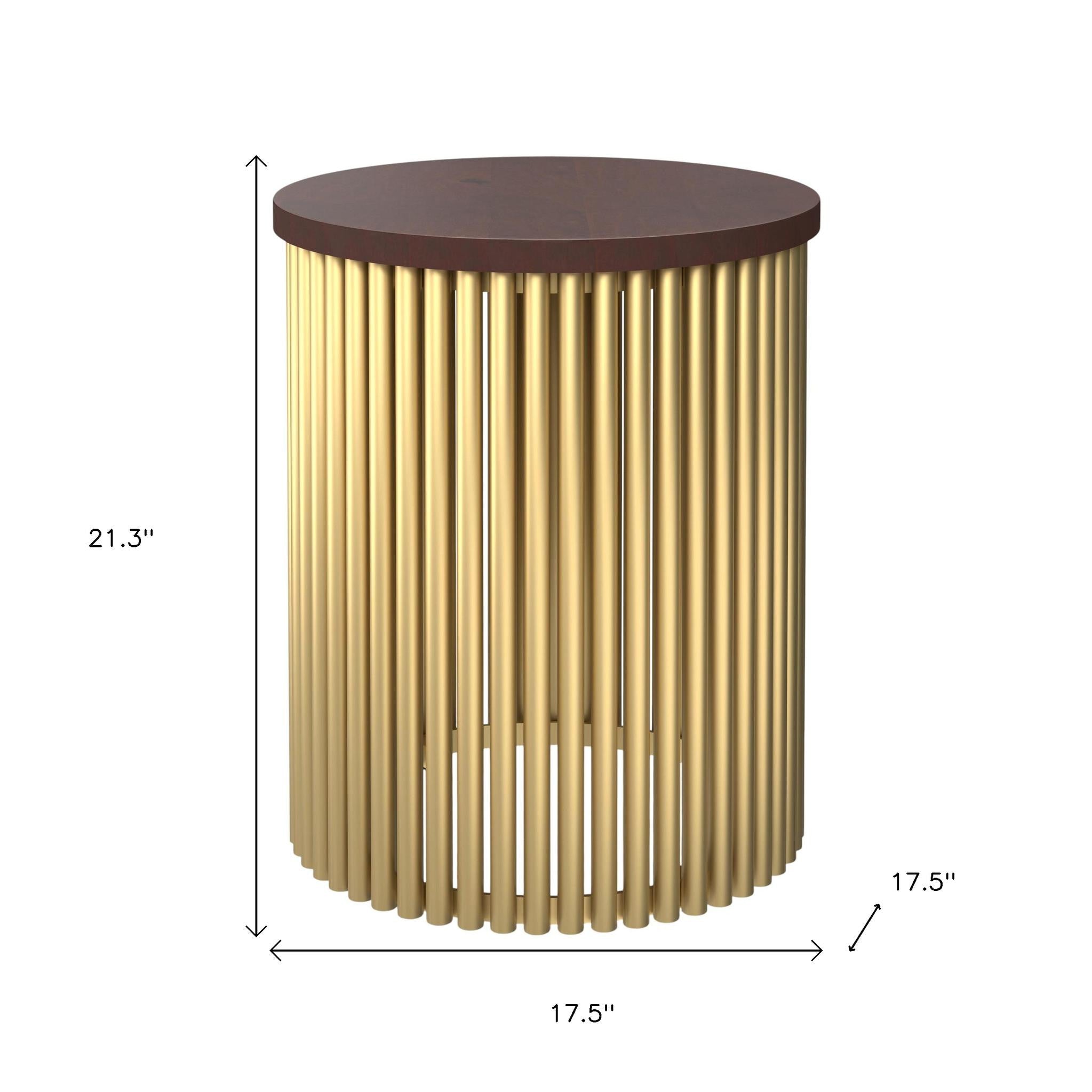 21" Glossy Dark Brown and Gold Solid Wood and Iron Round Drum End Table
