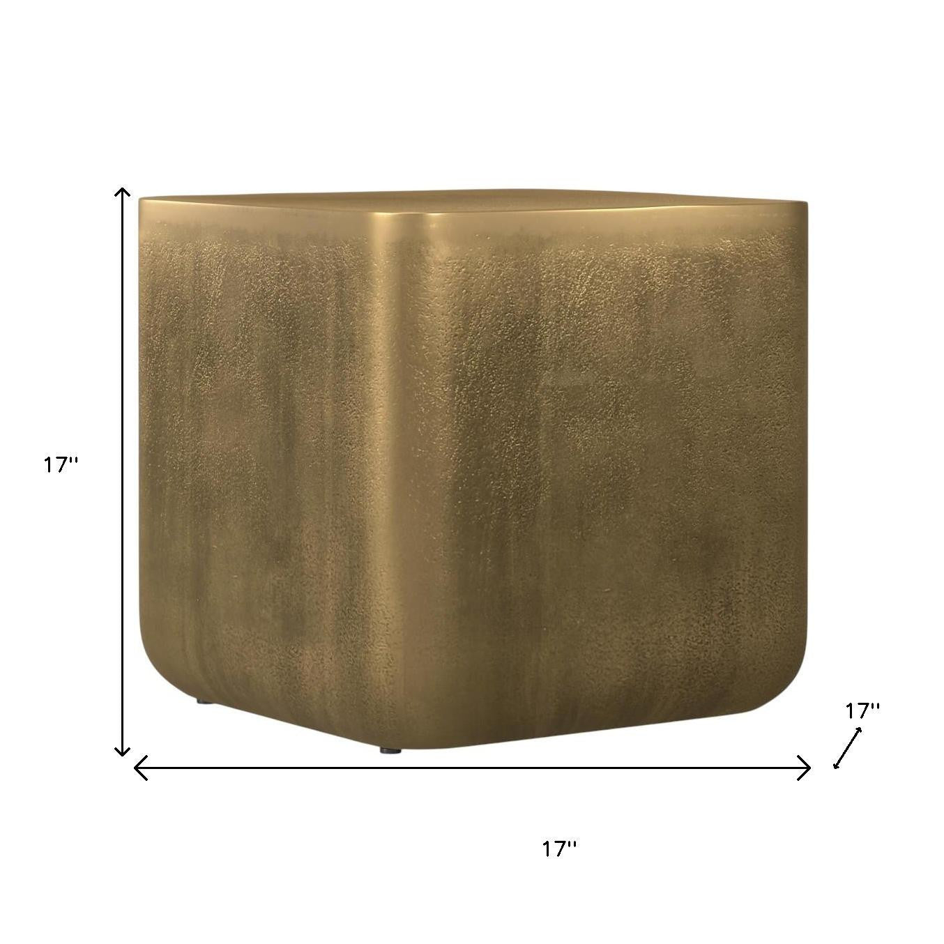 17" Antique Antiqued Brass Distressed Aluminum Square Block End Table