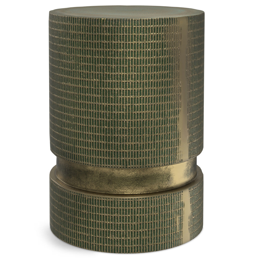 18" Antique Gold and Light Green Distressed Aluminum Round End Table