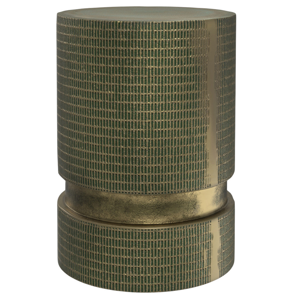18" Antique Gold and Light Green Distressed Aluminum Round End Table