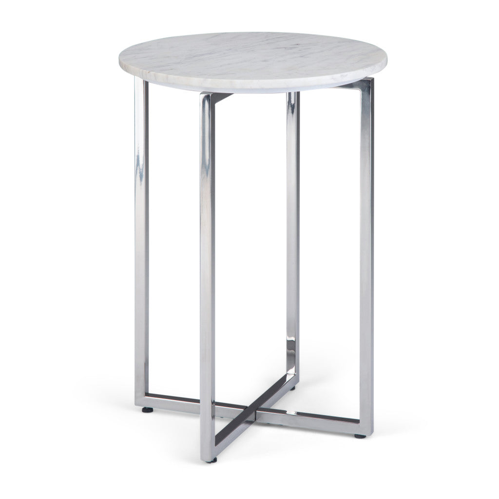 24" Glossy White and Silver Marble and Stainless Steel Round Cross Legs End Table And Trunk Storage