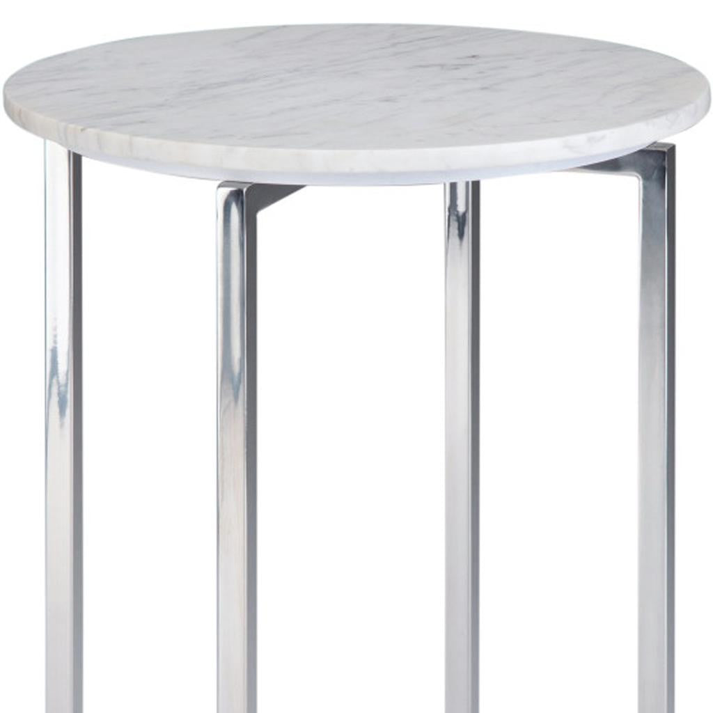 24" Glossy White and Silver Marble and Stainless Steel Round Cross Legs End Table And Trunk Storage