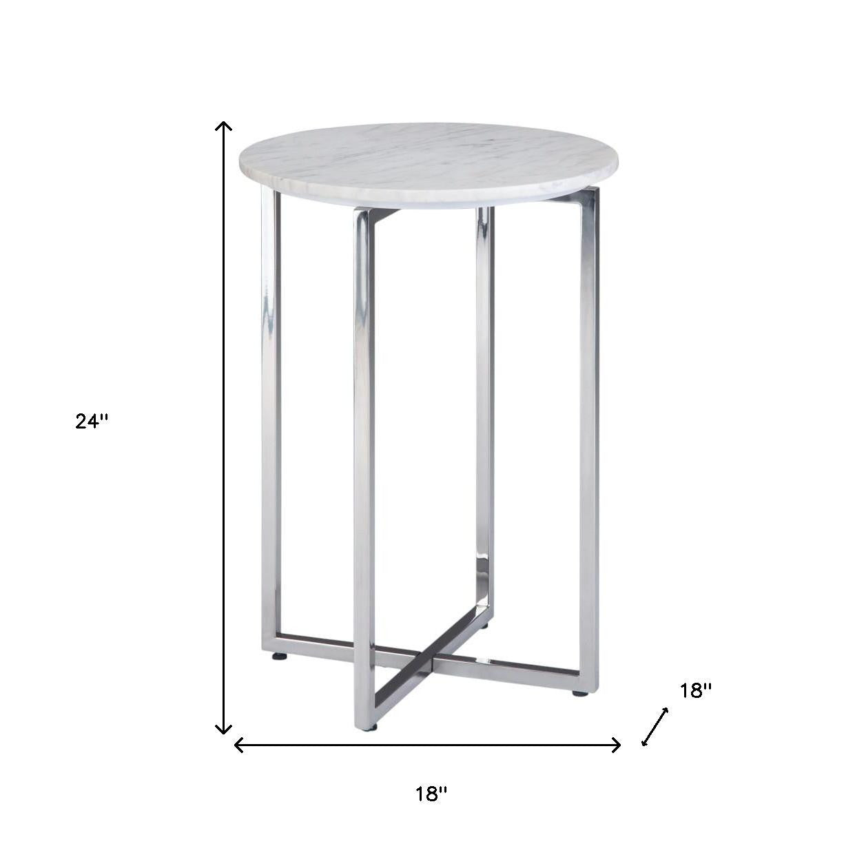 24" Glossy White and Silver Marble and Stainless Steel Round Cross Legs End Table And Trunk Storage