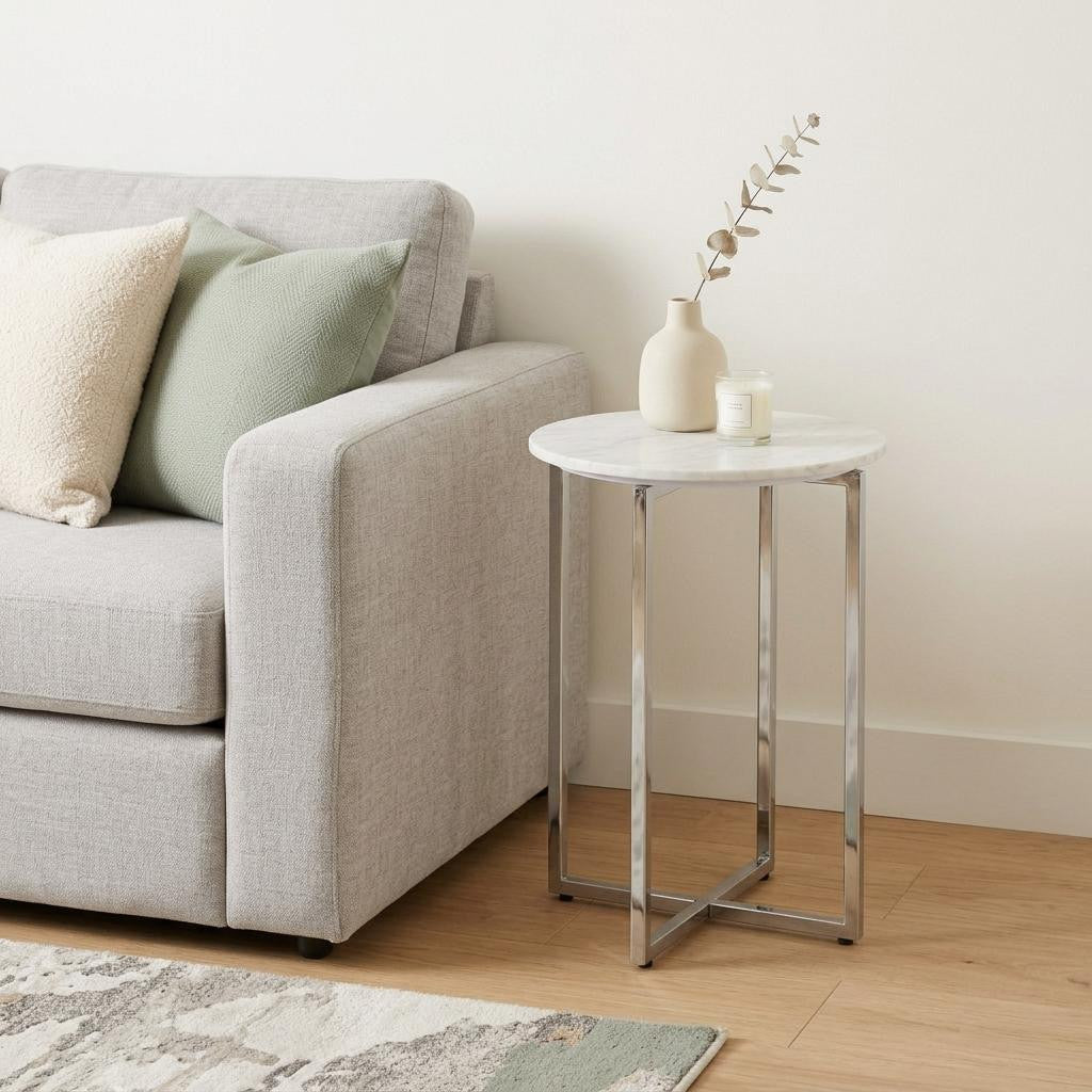 24" Glossy White and Silver Marble and Stainless Steel Round Cross Legs End Table And Trunk Storage