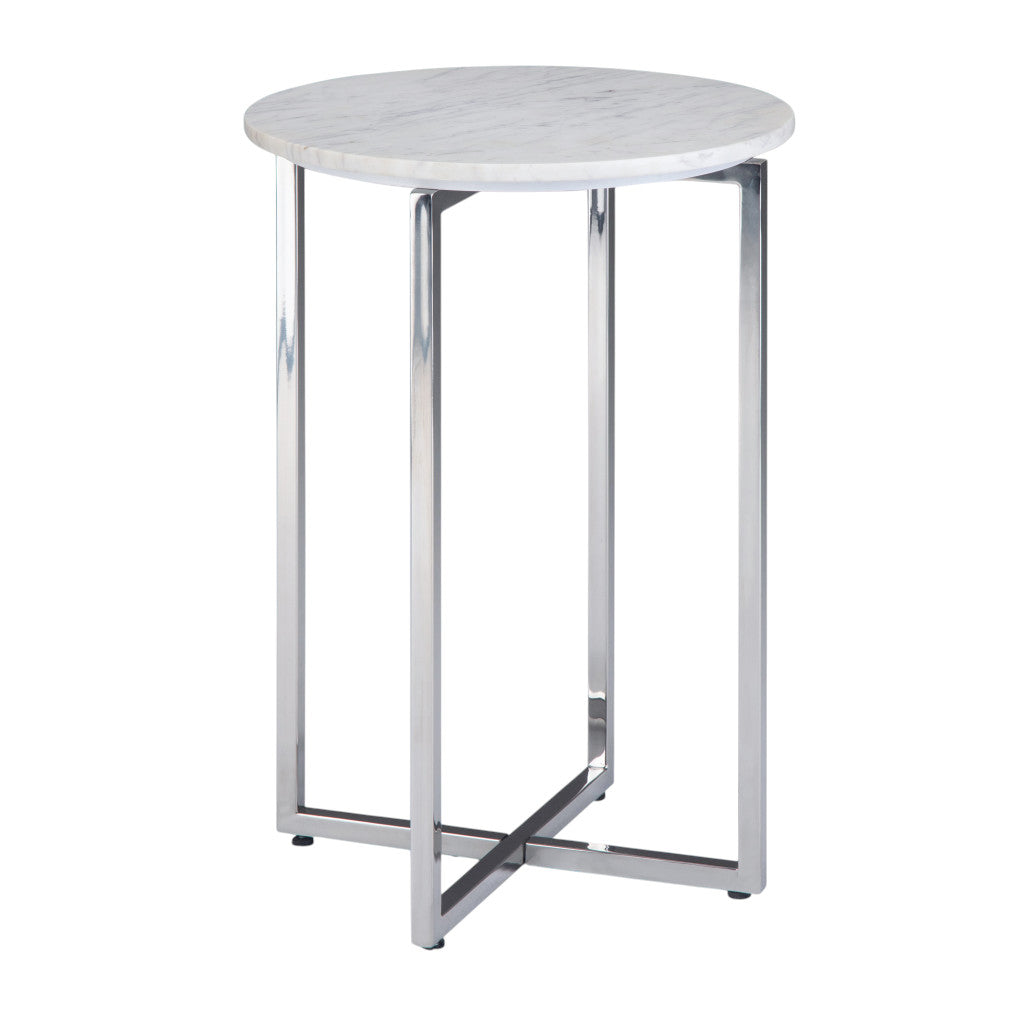24" Glossy White and Silver Marble and Stainless Steel Round Cross Legs End Table And Trunk Storage