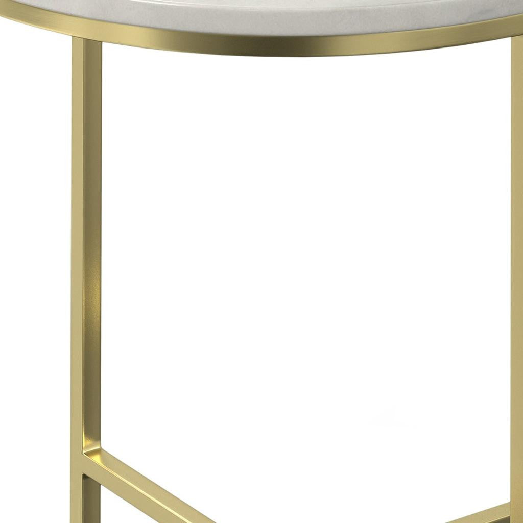 21" Powder Coated White and Gold Marble and Iron Round End Table
