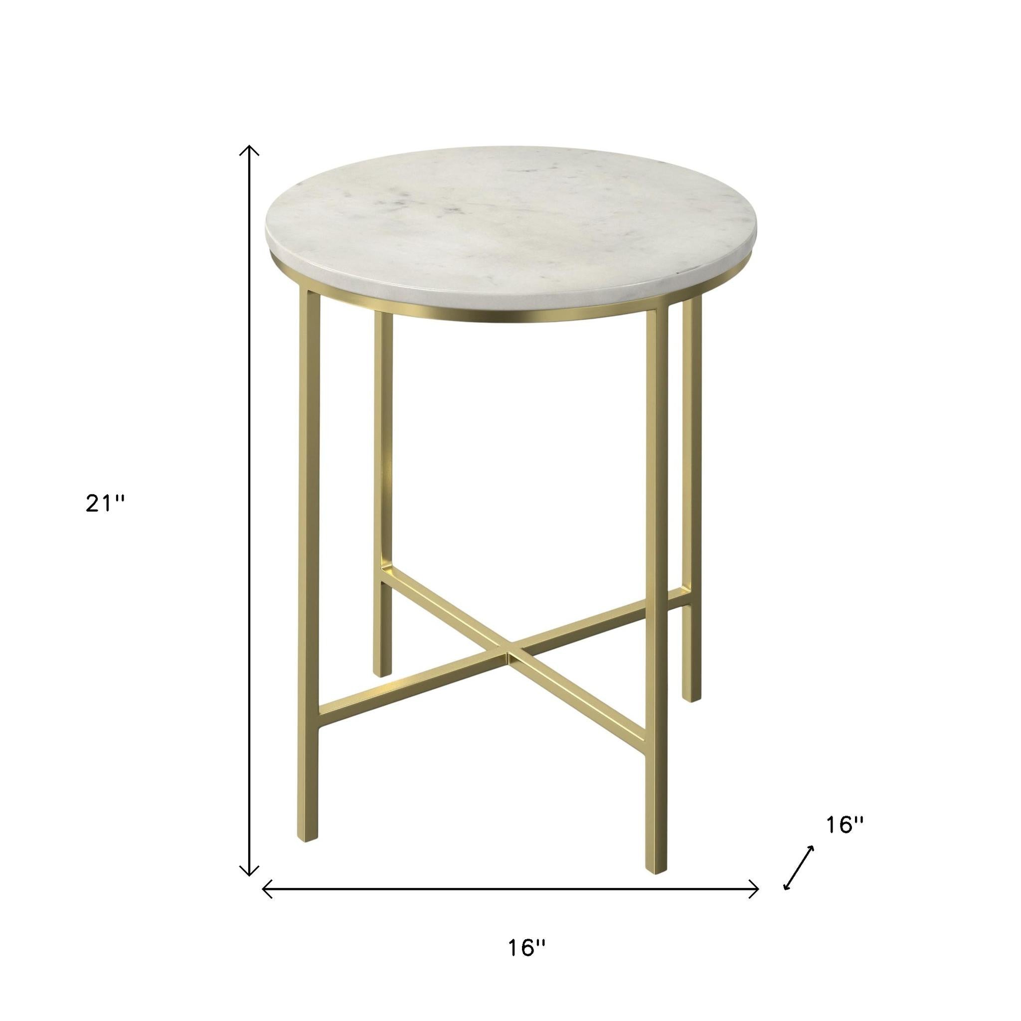 21" Powder Coated White and Gold Marble and Iron Round End Table