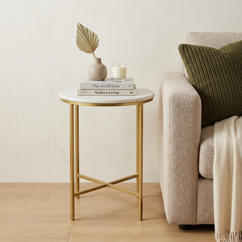 21" Powder Coated White and Gold Marble and Iron Round End Table
